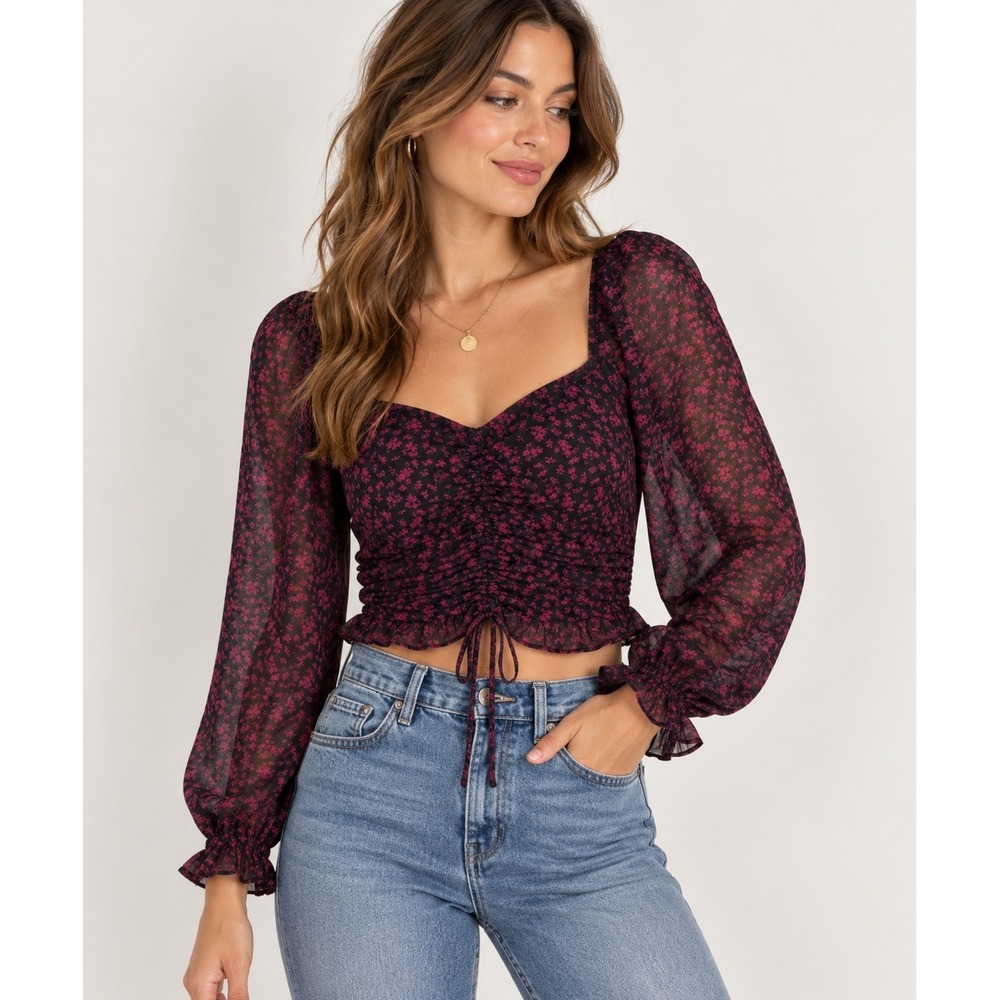 ASTR The Label Love Song Floral Ruched Drawstring Puff Sleeve Crop Top M